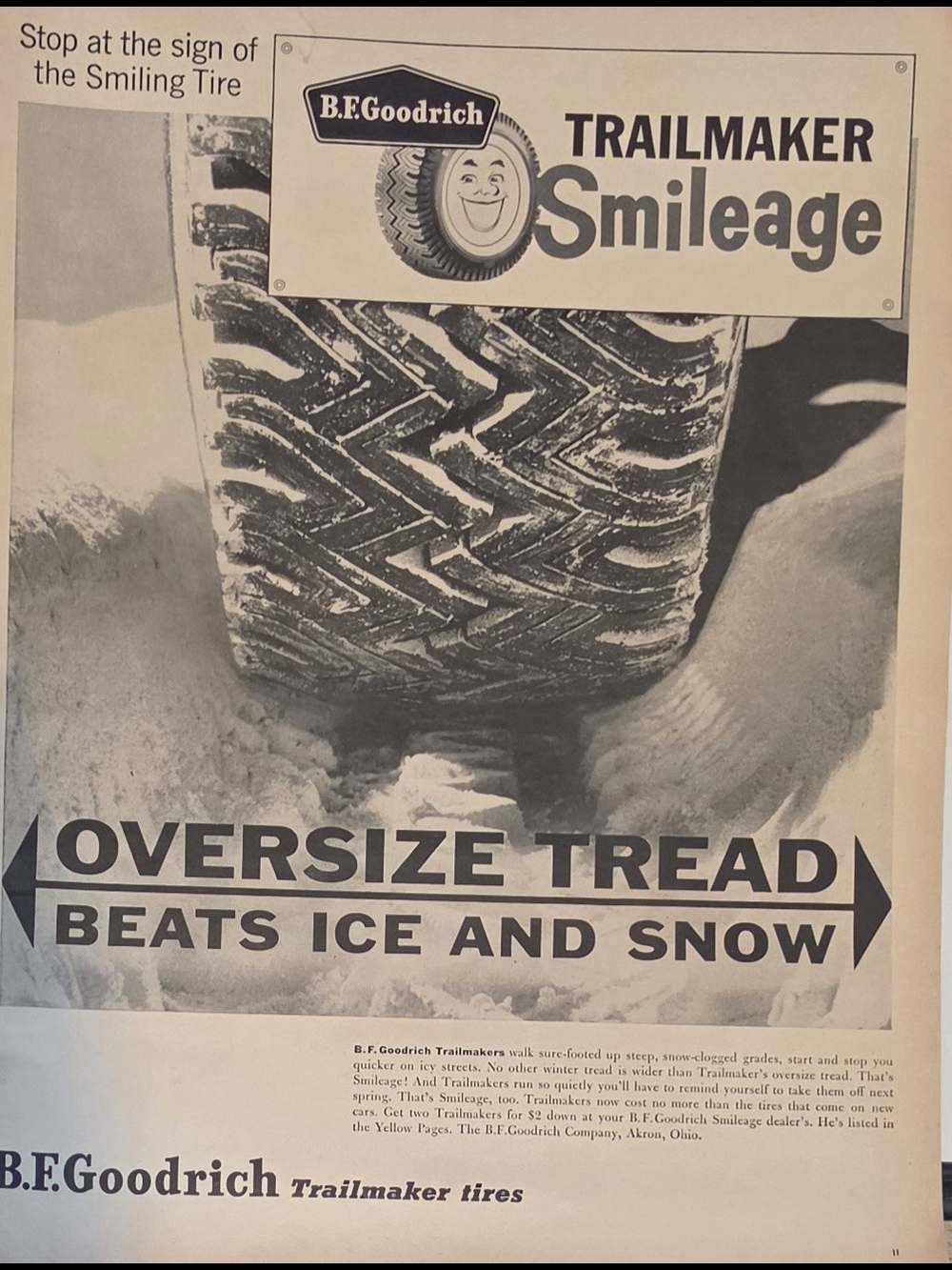 Trailmaker Smileage 1954- Black & White Vintage Tire Ad Print 10"x14"